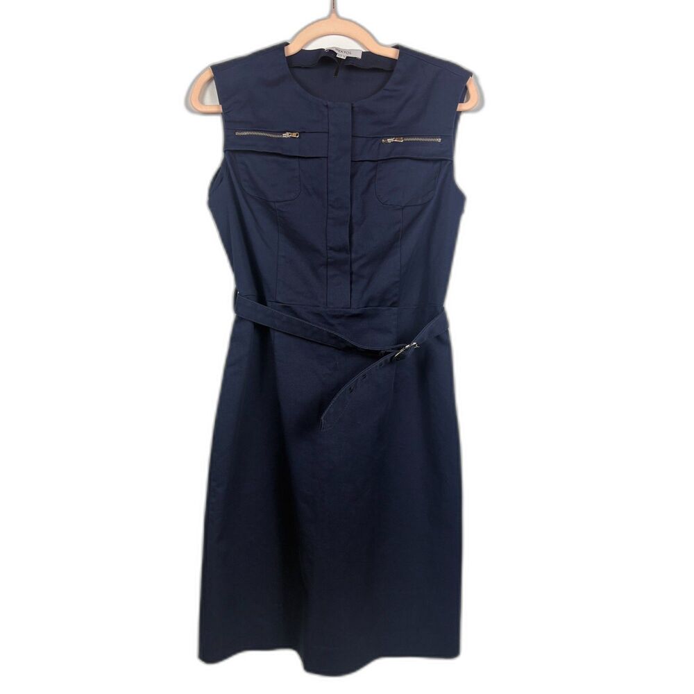 IPEKYOL Navy Blue Sleeveless Utility Sheath Midi Dress Belted Career Womens 8